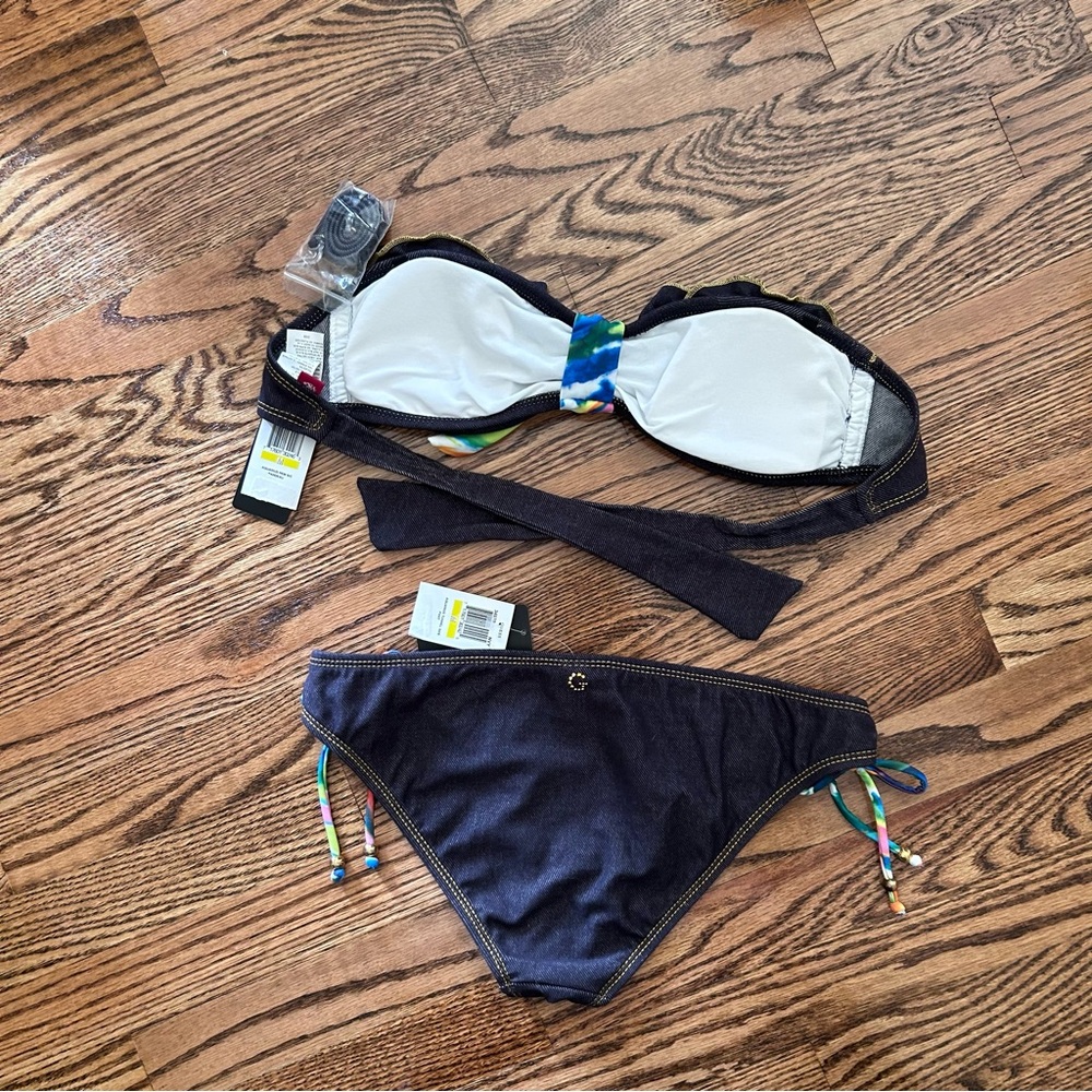 Guess NWT medium bandeau bikini denim print floral tie removable halter $94 - Picture 13 of 15